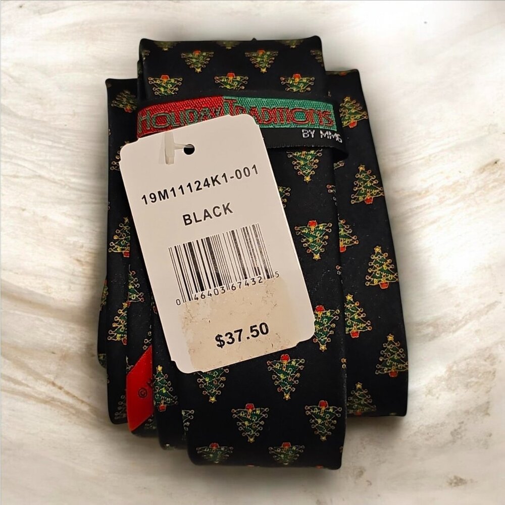 Men’s Holiday Dress Tie Christmas Tree Pattern Classic Black - Picture 3 of 3
